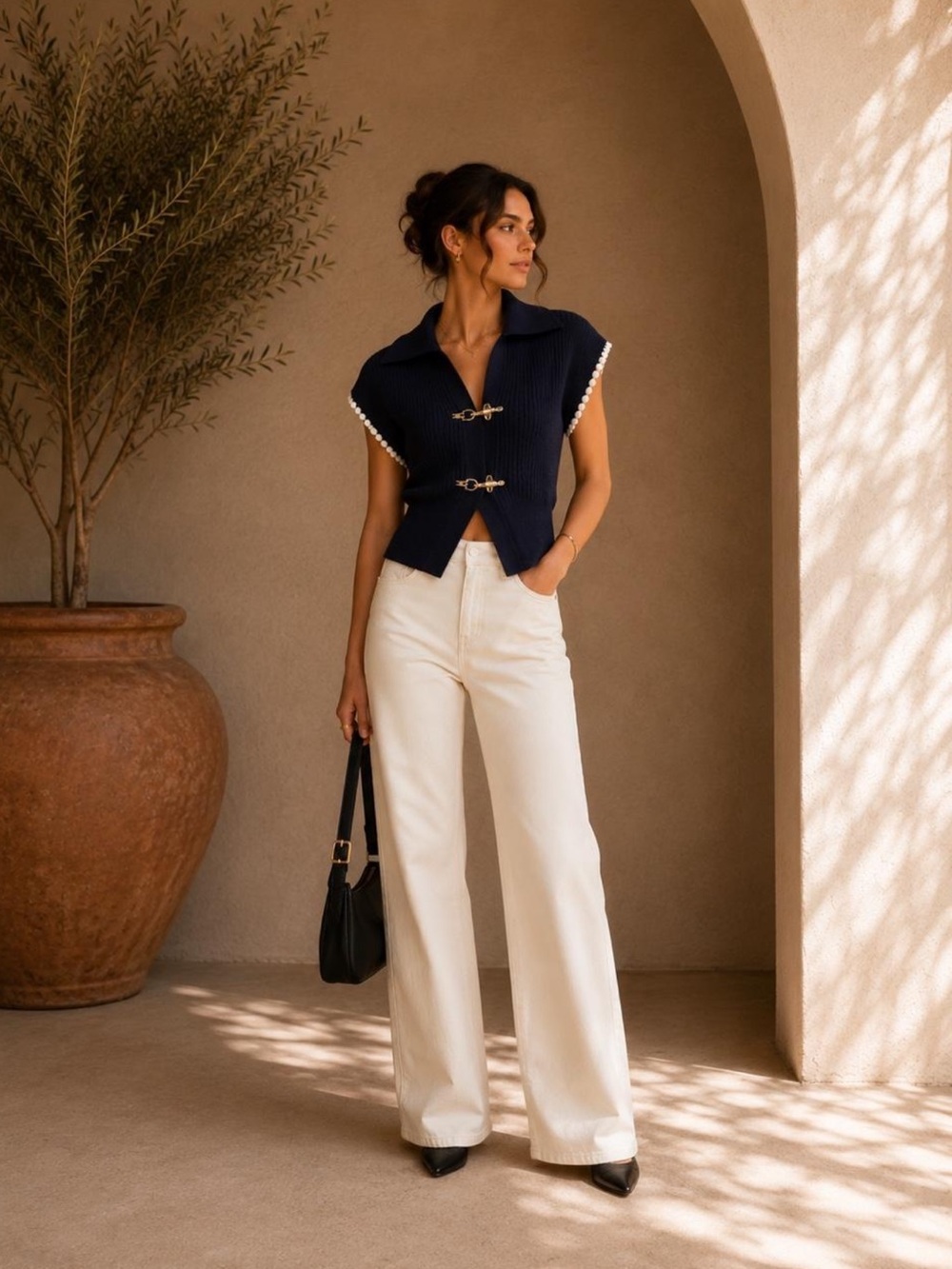Commense Blue Contrast Trim Knit Vest S | Old Money Collared Top